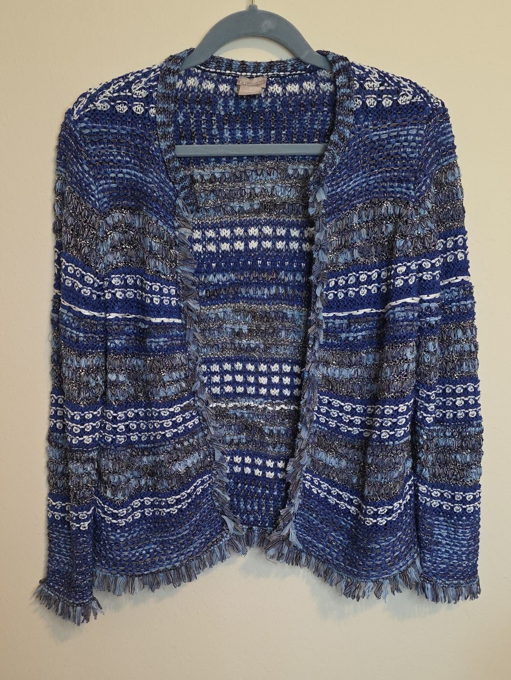 Chico's Blue & White Open-Front Knit Cardigan with Fringe Trim
